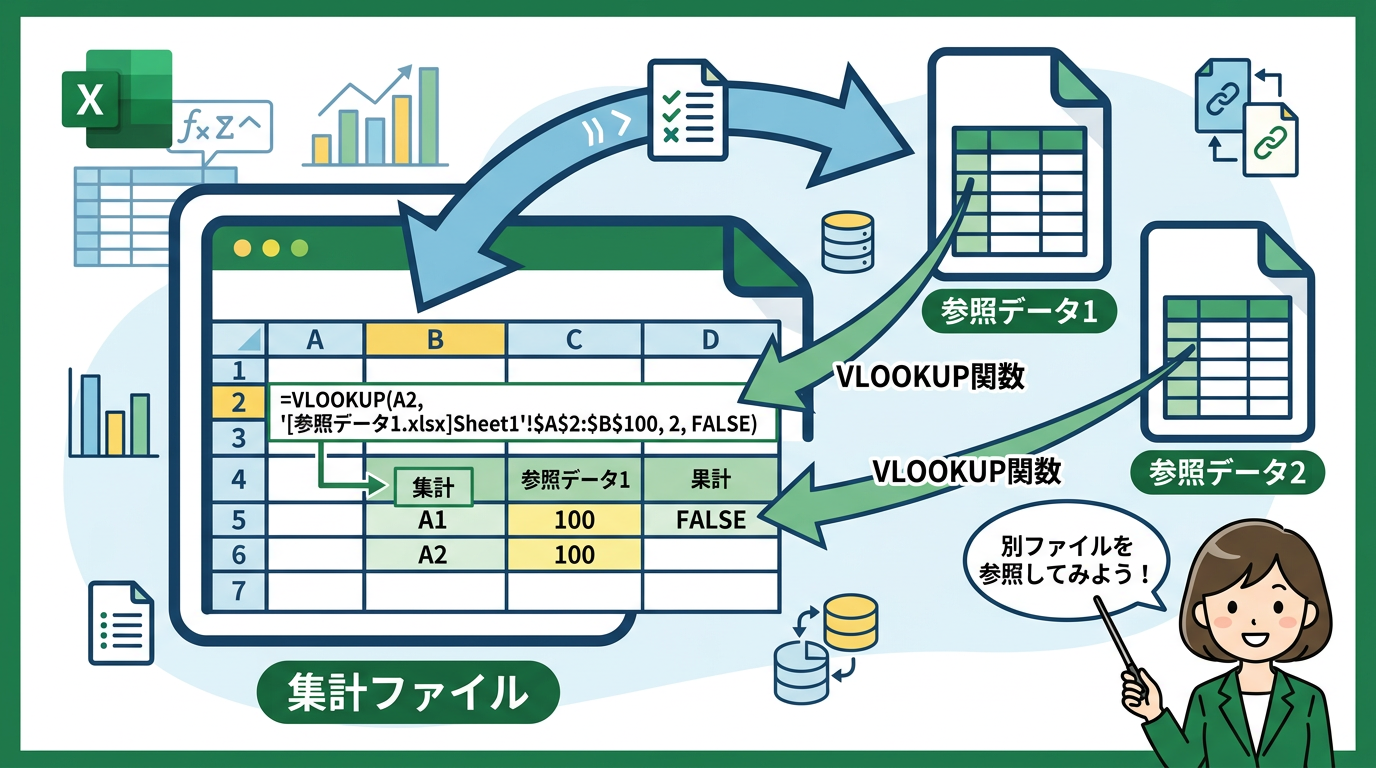 VLOOKUP 別ファイル 参照 方法 アイキャッチ画像
