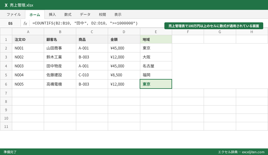 COUNTIFS 複数条件 カウント - 売上管理表で100万円以上のセルに数式が適用されている画面