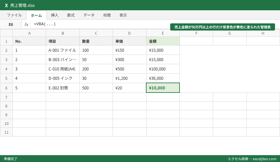 VBA 繰り返し処理 For - 売上金額が50万円以上の行だけ背景色が黄色に塗られた管理表
