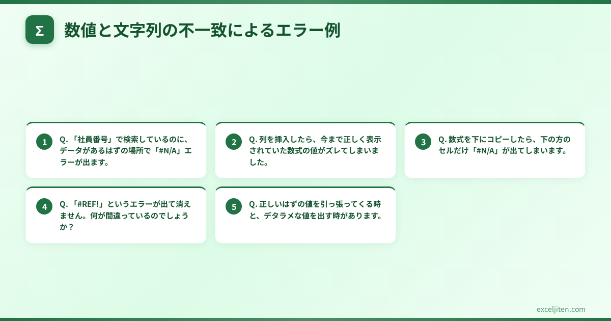 Excel VLOOKUP エラー 原因 - 数値と文字列の不一致によるエラー例