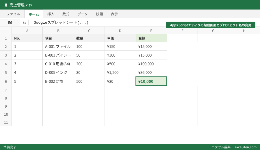 Googleスプレッドシート スクリプト GAS 入門 - Apps Scriptエディタの起動画面とプロジェクト名の変更