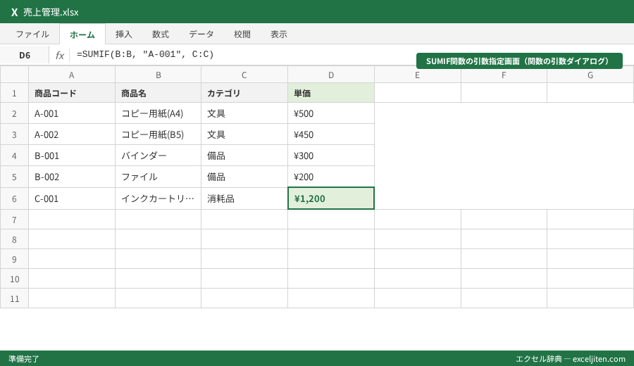 SUMIF 使い方 - SUMIF関数の引数指定画面（関数の引数ダイアログ）