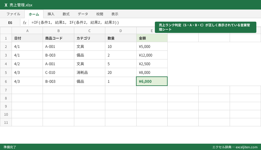 Excel IF 複数条件 ネスト - 売上ランク判定（S・A・B・C）が正しく表示されている営業管理シート