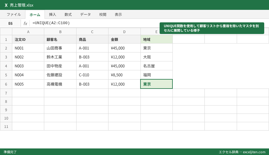 Excel 重複削除 方法 - UNIQUE関数を使用して顧客リストから重複を除いたマスタを別セルに展開している様子