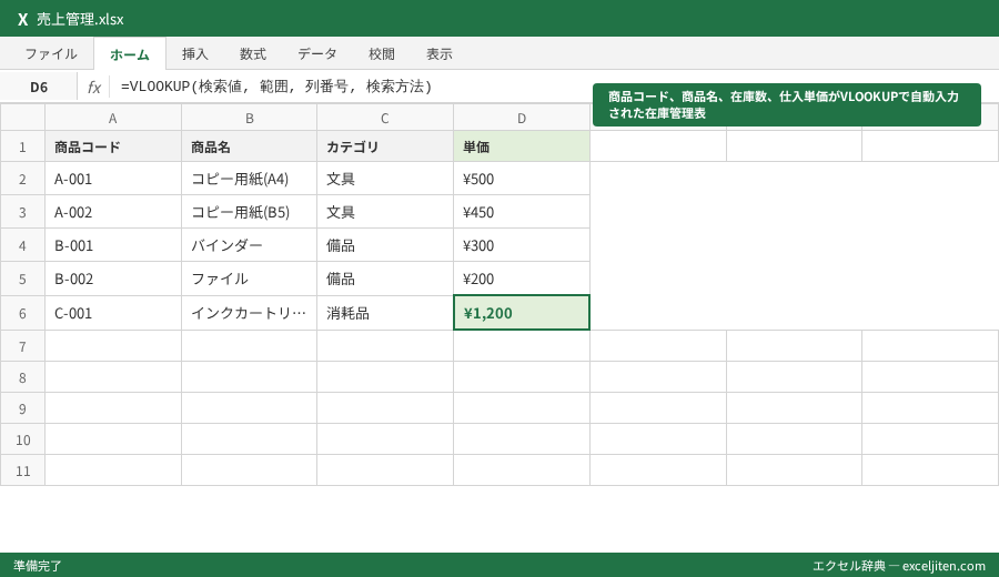 VLOOKUP 別ファイル 参照 方法 - 商品コード、商品名、在庫数、仕入単価がVLOOKUPで自動入力された在庫管理表
