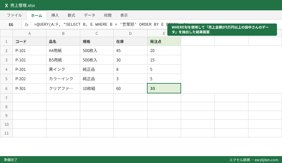 Googleスプレッドシート QUERY関数 - WHERE句を使用して「売上金額が5万円以上の田中さんのデータ」を抽出した結果画面