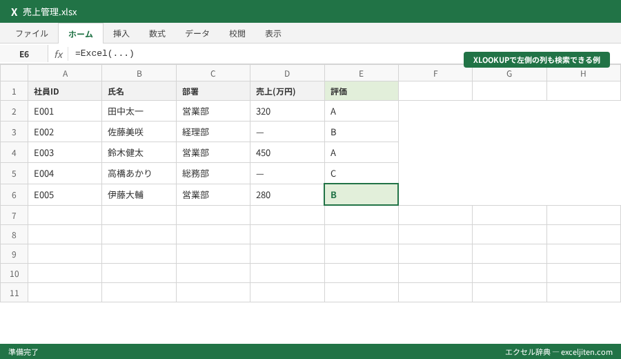 Excel VLOOKUP XLOOKUP 違い 比較 - XLOOKUPで左側の列も検索できる例