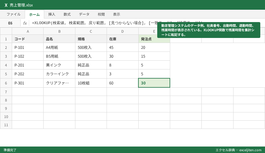 XLOOKUP 使い方 - 勤怠管理システムのデータ例。社員番号、出勤時間、退勤時間、残業時間が表示されている。XLOOKUP関数で残業時間を集計シートに転記する。