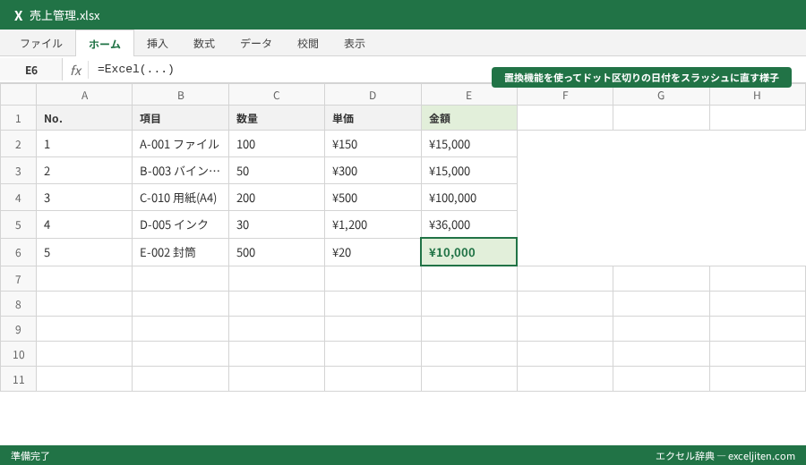 Excel 文字化け 対処法 - 置換機能を使ってドット区切りの日付をスラッシュに直す様子