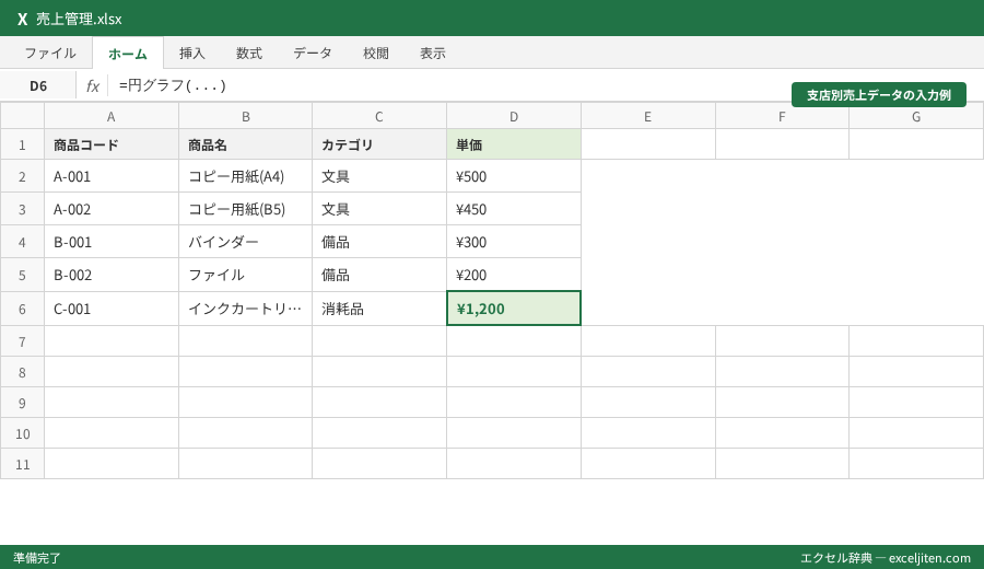 円グラフ 作り方 - 支店別売上データの入力例