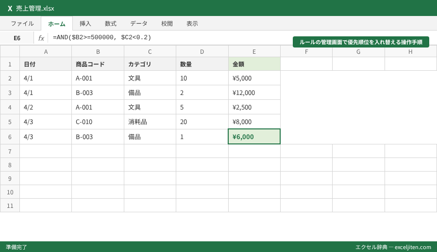 条件付き書式 使い方 - ルールの管理画面で優先順位を入れ替える操作手順