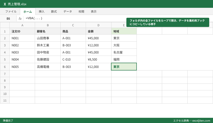 VBA マクロ 入門 - フォルダ内の全ファイルをループで開き、データを集約用ブックにコピーしている様子