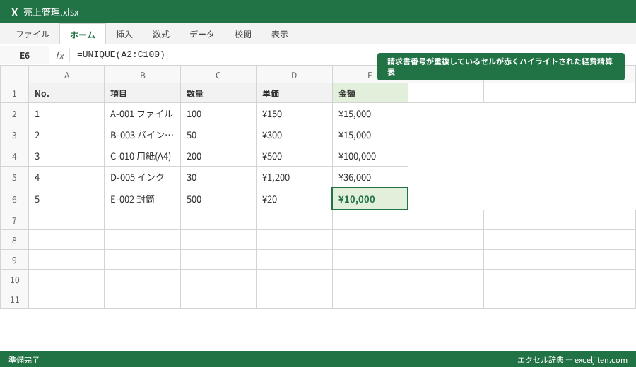Excel 重複削除 方法 - 請求書番号が重複しているセルが赤くハイライトされた経費精算表