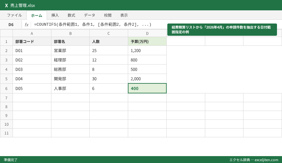 COUNTIFS 複数条件 カウント - 経費精算リストから「2026年4月」の申請件数を抽出する日付範囲指定の例