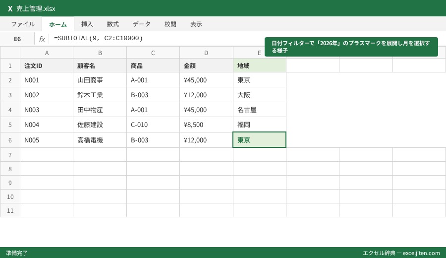 Excel フィルター 使い方 - 日付フィルターで「2026年」のプラスマークを展開し月を選択する様子