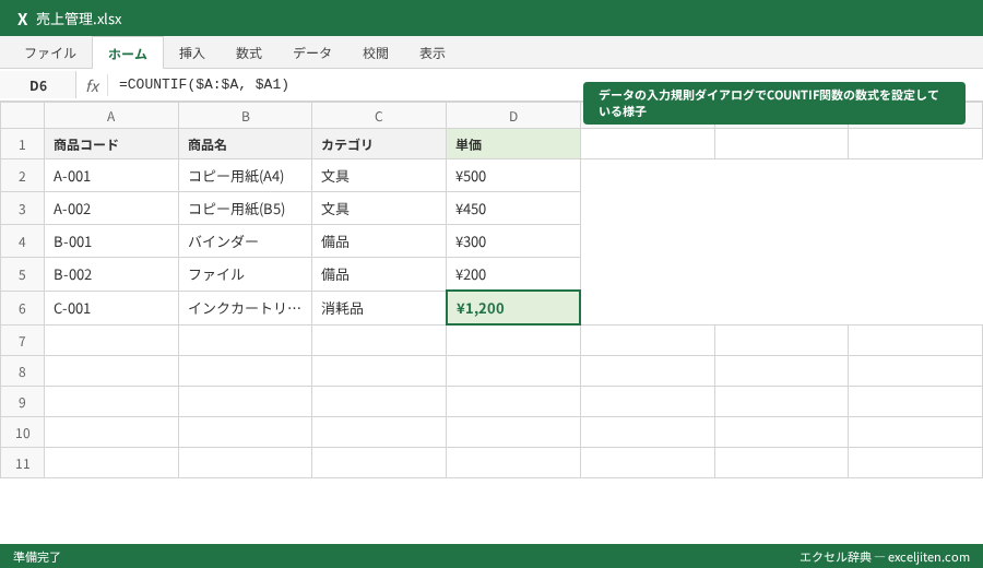 Excel 重複削除 方法 - データの入力規則ダイアログでCOUNTIF関数の数式を設定している様子