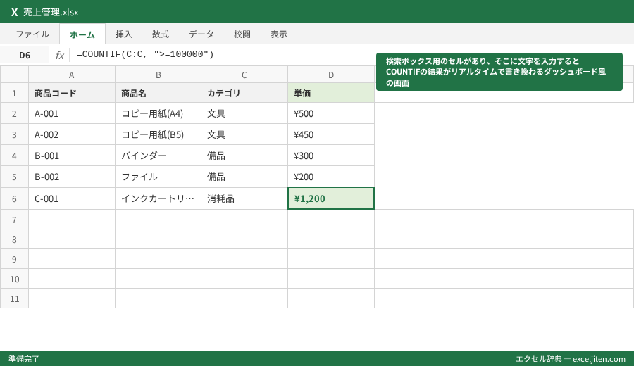 COUNTIF 使い方 - 検索ボックス用のセルがあり、そこに文字を入力するとCOUNTIFの結果がリアルタイムで書き換わるダッシュボード風の画面