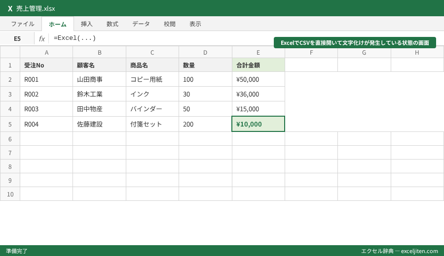 Excel 文字化け 対処法 - ExcelでCSVを直接開いて文字化けが発生している状態の画面