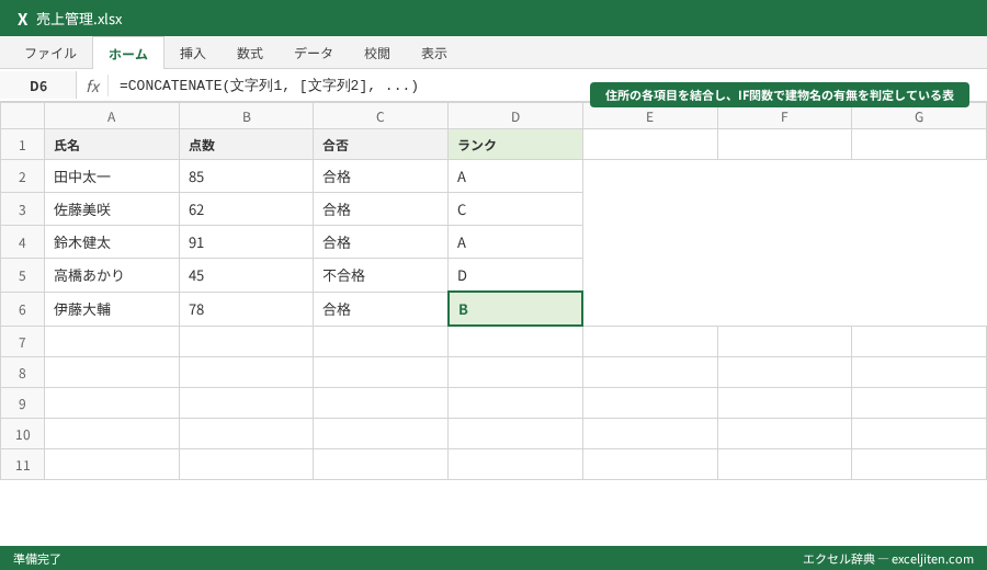 CONCATENATE 文字列結合 - 住所の各項目を結合し、IF関数で建物名の有無を判定している表