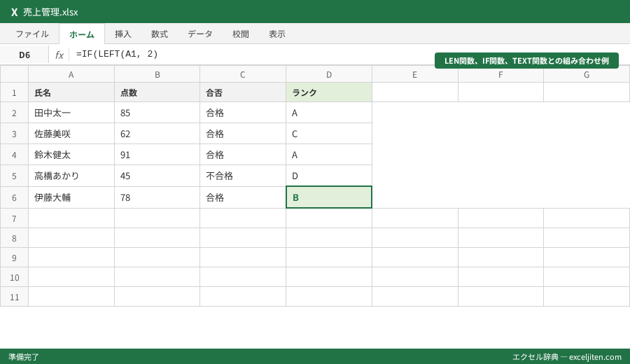 LEFT RIGHT MID 関数 - LEN関数、IF関数、TEXT関数との組み合わせ例