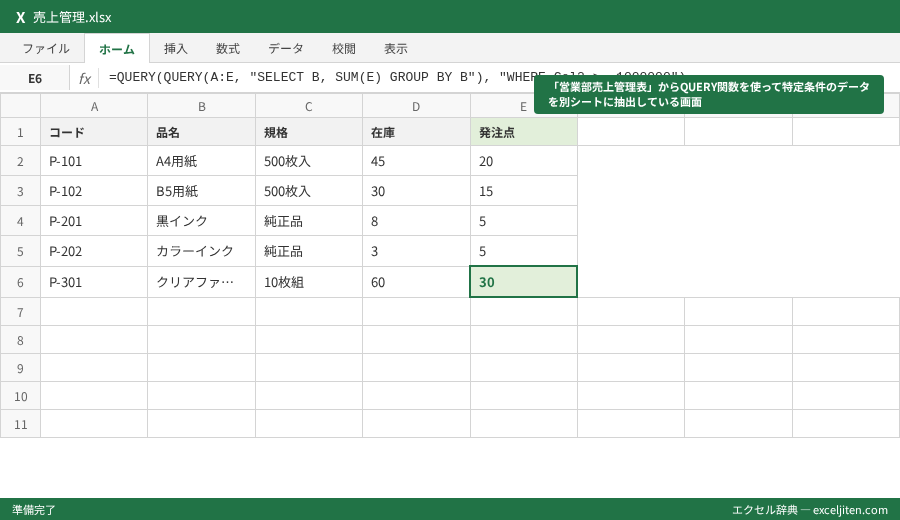 Googleスプレッドシート QUERY関数 - 「営業部売上管理表」からQUERY関数を使って特定条件のデータを別シートに抽出している画面