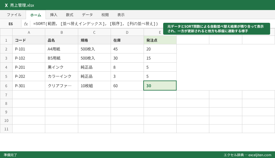 SORT関数 自動並べ替え - 元データとSORT関数による自動並べ替え結果が隣り合って表示され、一方が更新されると他方も即座に連動する様子