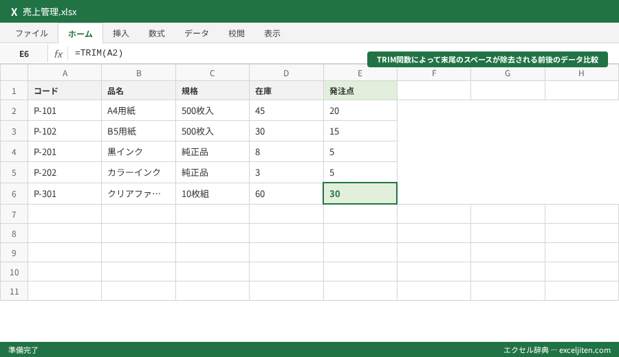 Excel 重複削除 方法 - TRIM関数によって末尾のスペースが除去される前後のデータ比較
