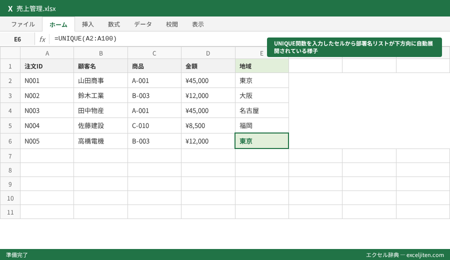 Excel 重複削除 方法 - UNIQUE関数を入力したセルから部署名リストが下方向に自動展開されている様子