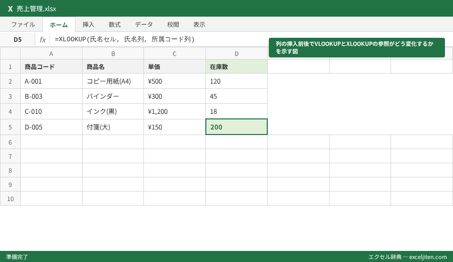Excel VLOOKUP XLOOKUP 違い 比較 - 列の挿入前後でVLOOKUPとXLOOKUPの参照がどう変化するかを示す図