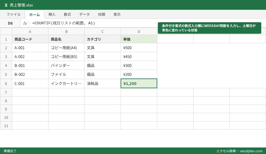 Excel テンプレート スケジュール表 - 条件付き書式の数式入力欄にWEEKDAY関数を入力し、土曜日が青色に変わっている状態