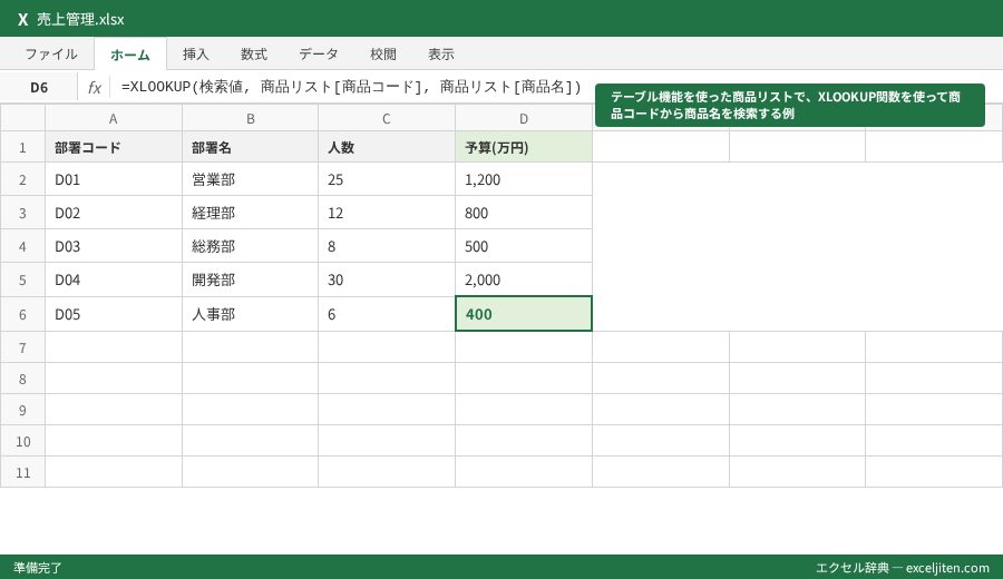 XLOOKUP 使い方 - テーブル機能を使った商品リストで、XLOOKUP関数を使って商品コードから商品名を検索する例