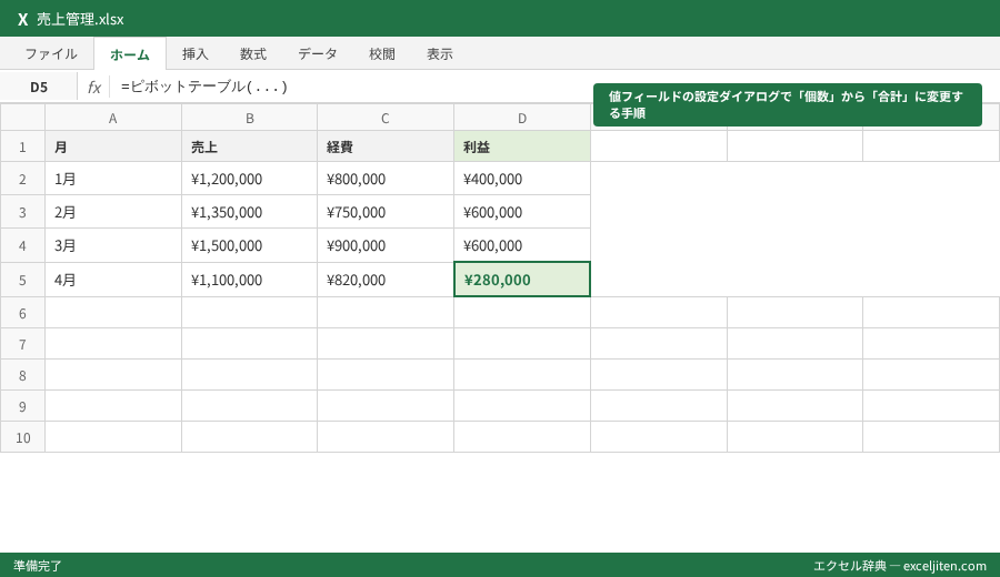 ピボットテーブル 作り方 - 値フィールドの設定ダイアログで「個数」から「合計」に変更する手順