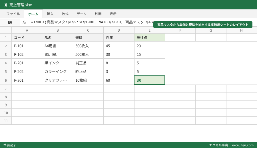 INDEX MATCH 使い方 - 商品マスタから単価と規格を抽出する実務用シートのレイアウト