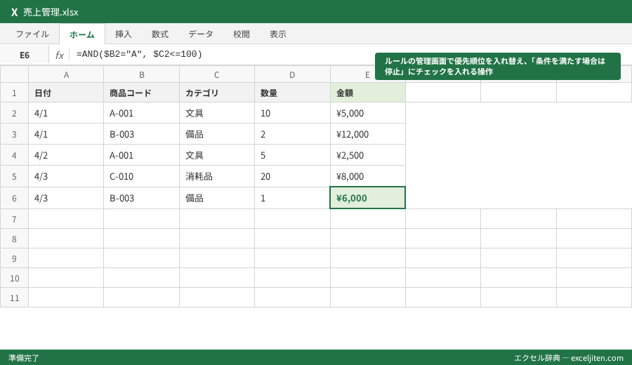 条件付き書式 使い方 - ルールの管理画面で優先順位を入れ替え、「条件を満たす場合は停止」にチェックを入れる操作