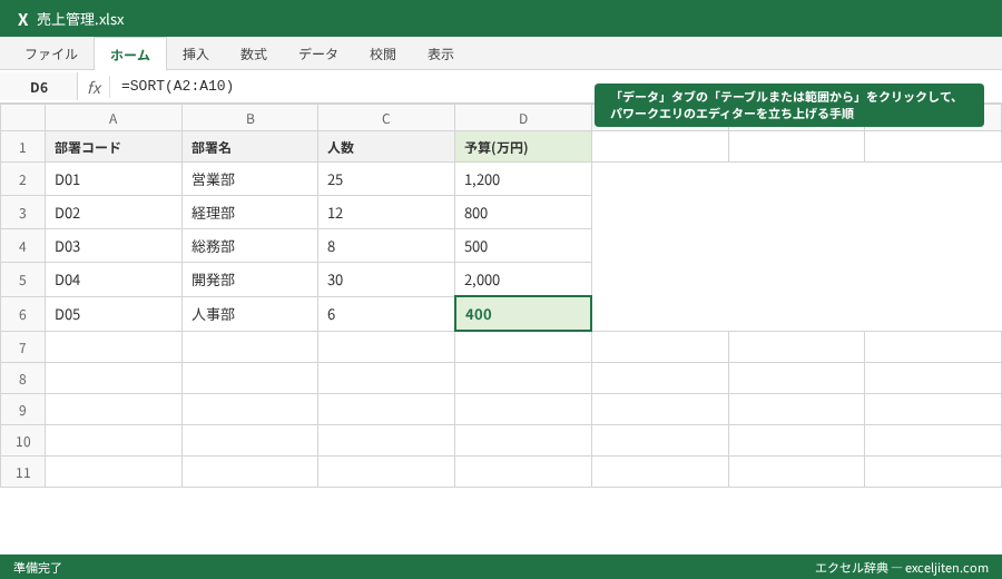 Excel テーブル機能 使い方 - 「データ」タブの「テーブルまたは範囲から」をクリックして、パワークエリのエディターを立ち上げる手順