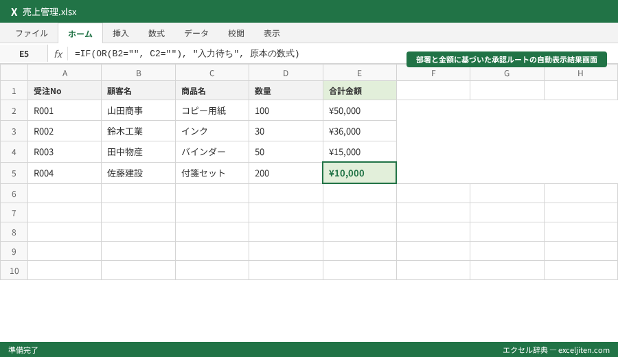Excel IF 複数条件 ネスト - 部署と金額に基づいた承認ルートの自動表示結果画面