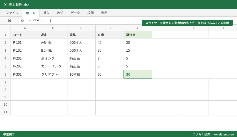 Excel Googleスプレッドシート どっち - スライサーを使用して拠点別の売上データを絞り込んでいる画面