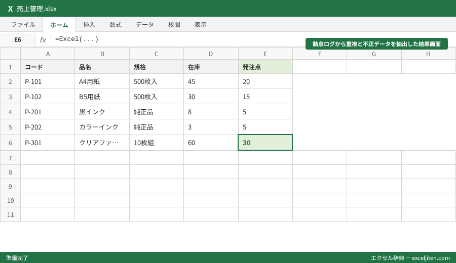 Excel VBA 入門 おすすめ 講座 - 勤怠ログから重複と不正データを抽出した結果画面