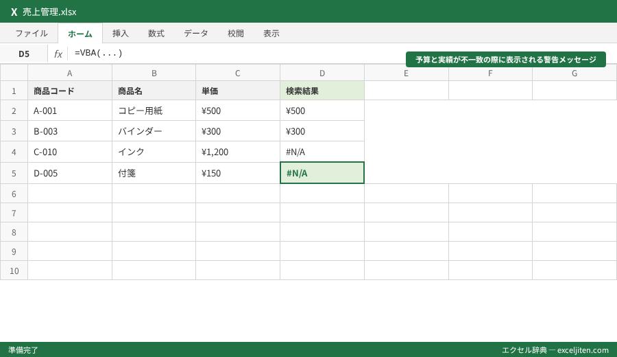 VBA メッセージボックス MsgBox - 予算と実績が不一致の際に表示される警告メッセージ